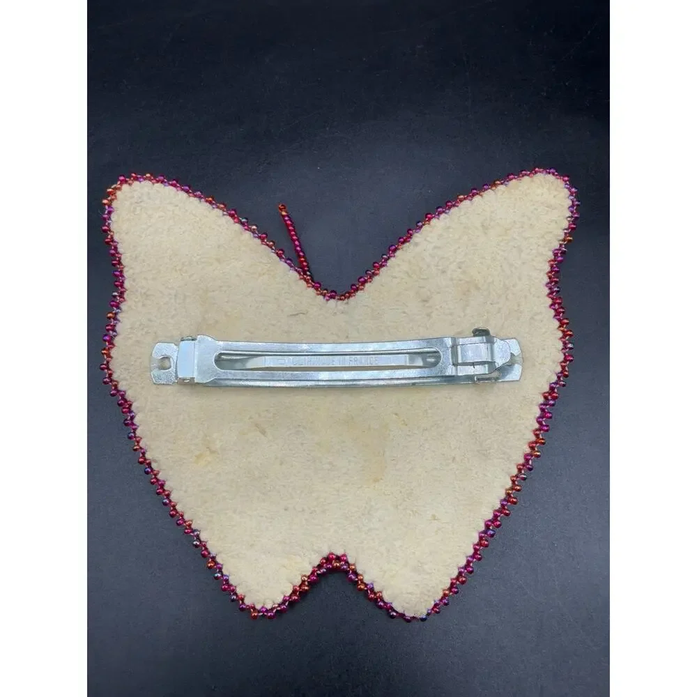 Vintage Hand Beaded Butterfly Hair Barrette Large Seed Bugle Bead French Clip